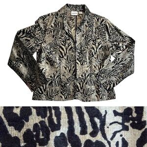 Chico's Blazer Jacket Open Front 100% Silk Size 1 Medium Animal Print Black
